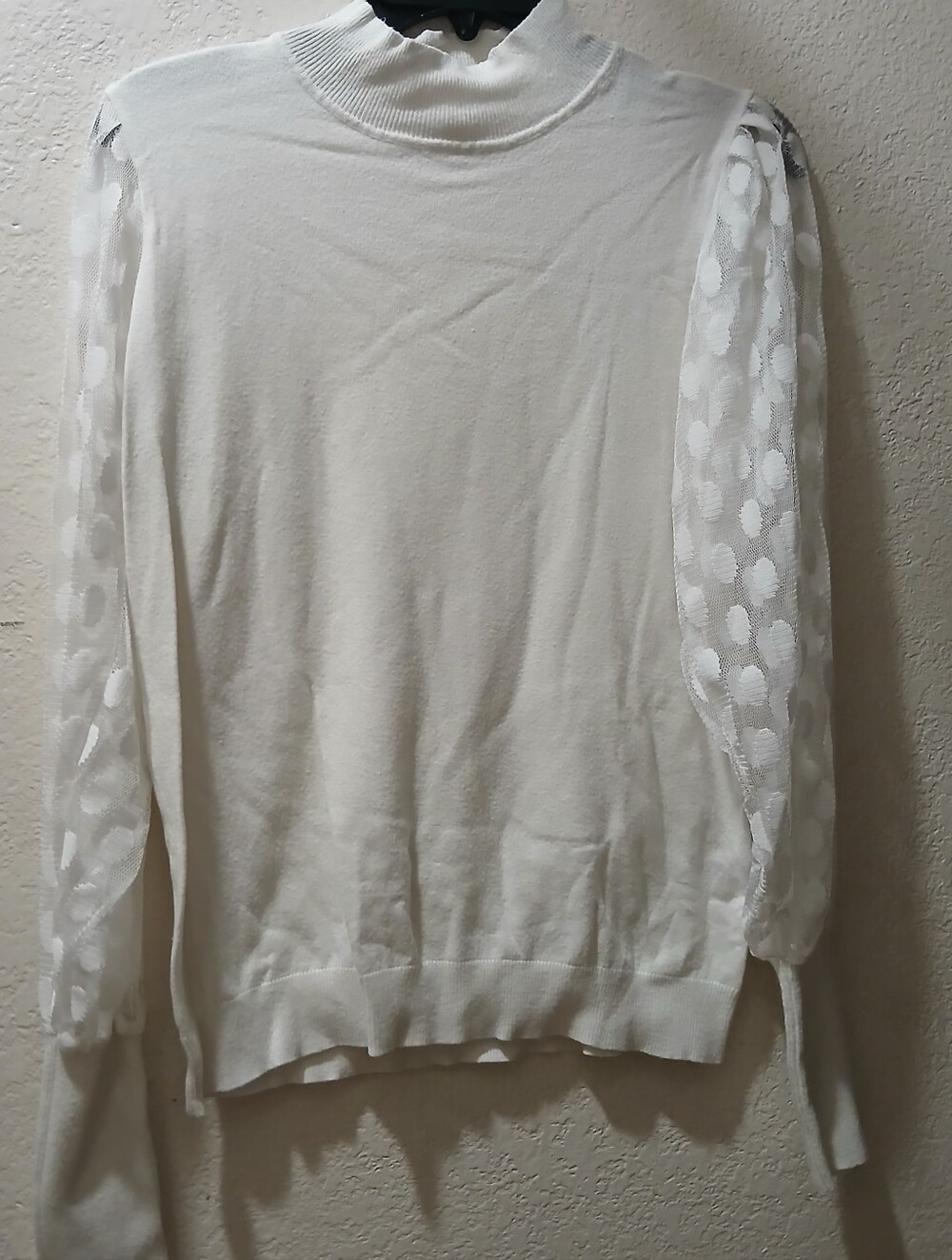 Sioni size M Women's Cream Mock Neck Sweater with Sheer Dot Sleeves
